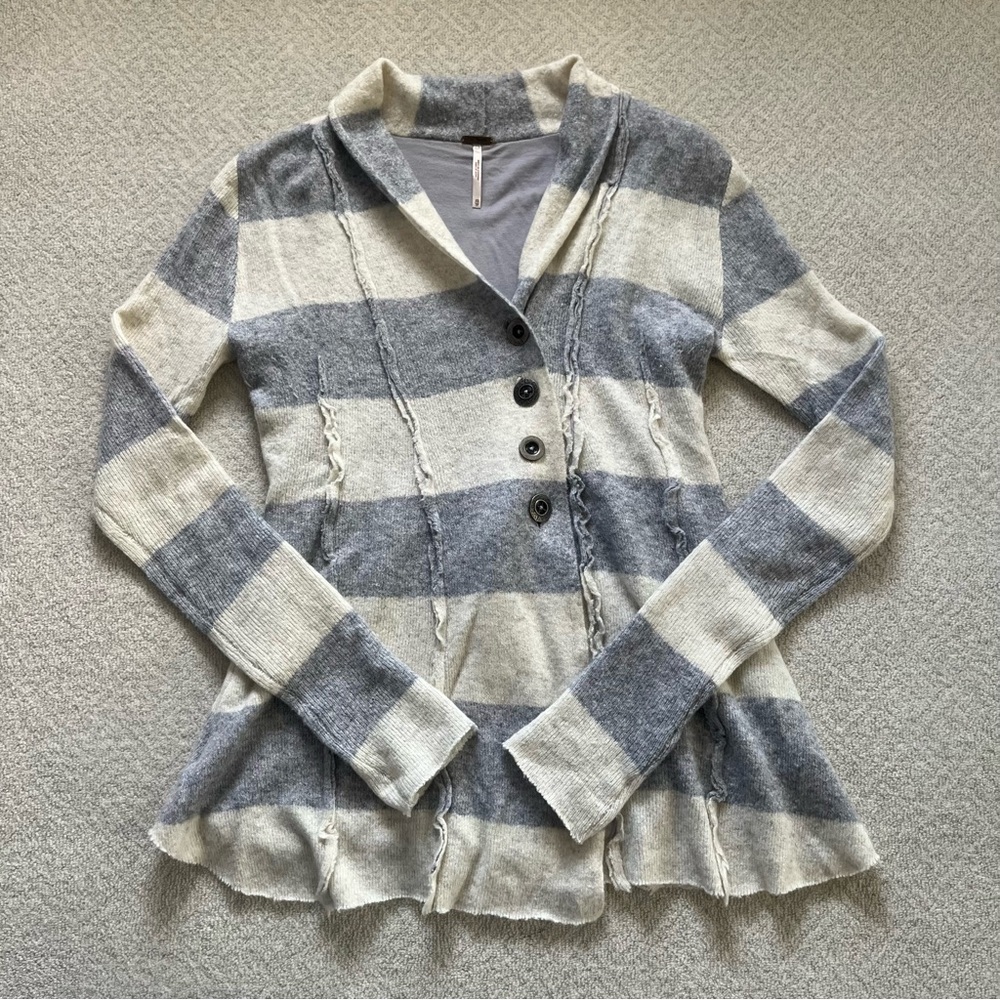 Free People Angora Blend Cardigan in Gray and White Stripe